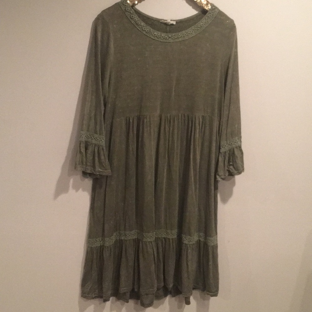 Olive Green Babydoll Dress with Lace Trim